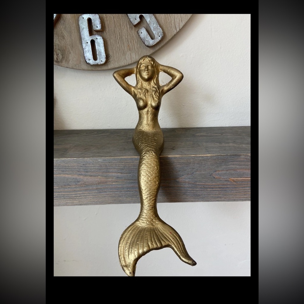 11” Mermaid Cast Iron Statue Figure  Shelf Sitting Whimsical Kitschy Gold